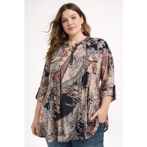 Cocomo Womens Shirt 3/4 Sleeve Round Neck Pintuck Paisley Floral Blouse Boho 2X